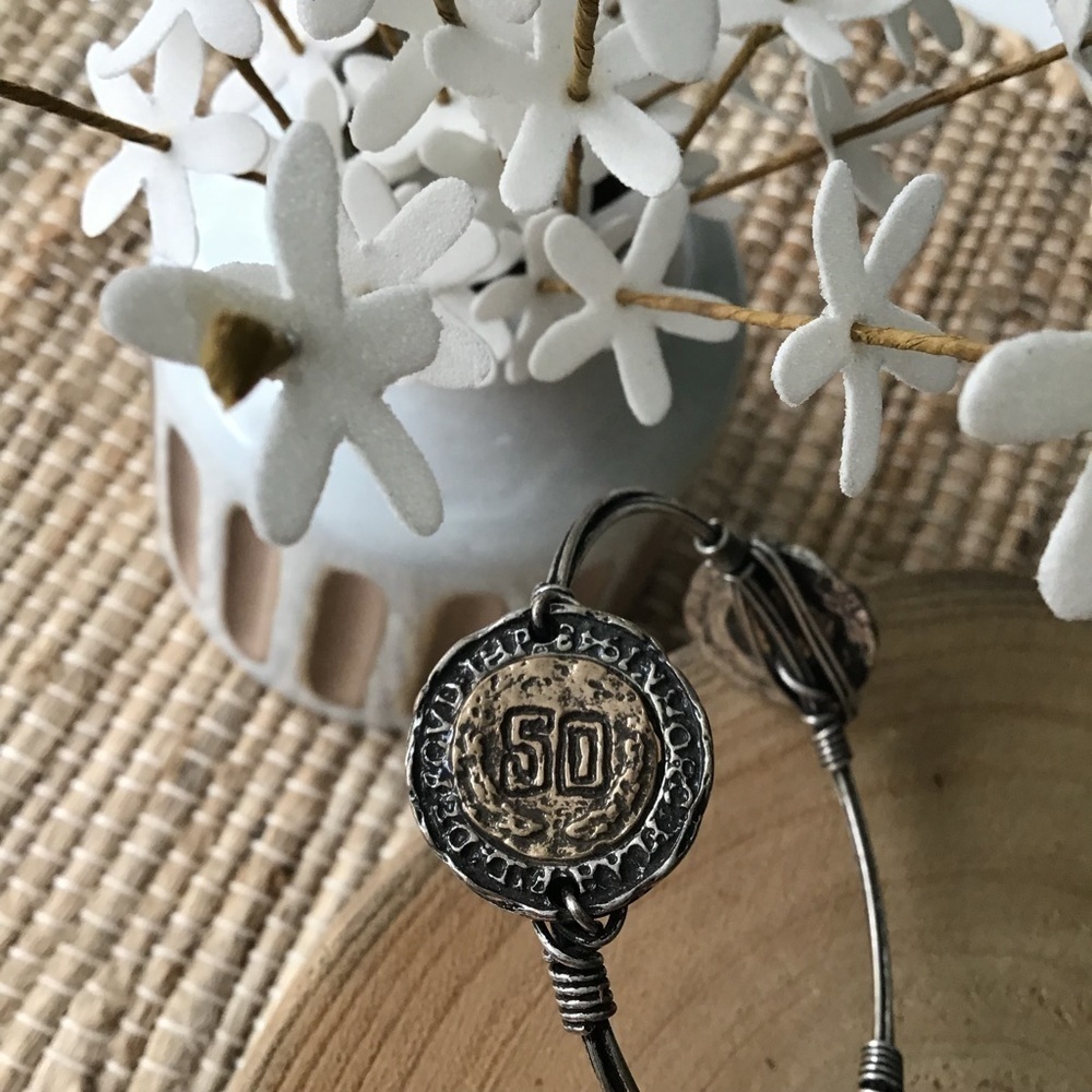 NEW Western Barbed Wire Look Coin Bangle Bracelet Cowgirl Mixed Metal Brutalist - Picture 4 of 13